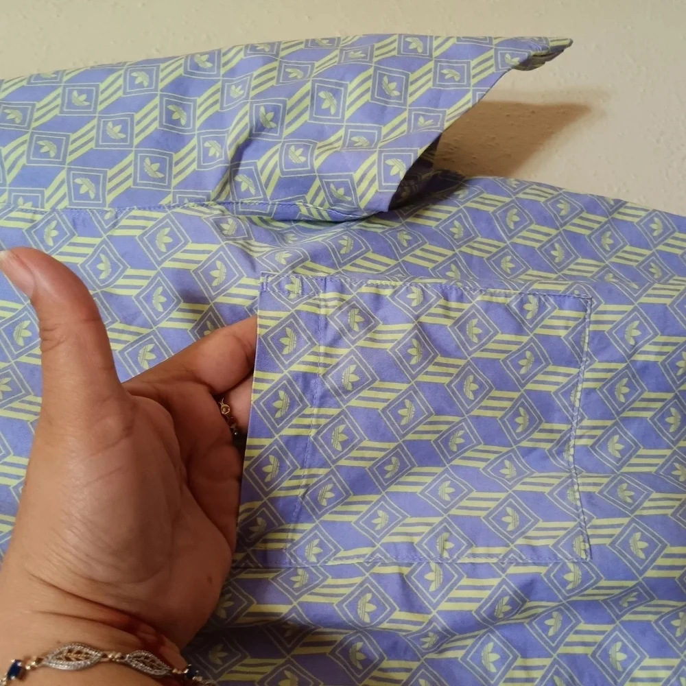 Adidas Men's Blue and Yellow Patterned Shirt